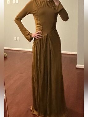 Ruched Long-Sleeve Maxi Dress in Olive